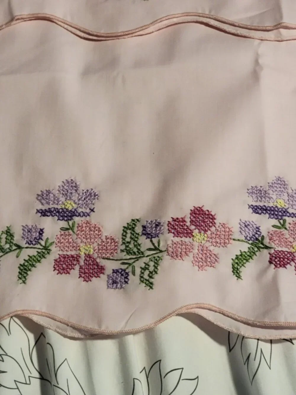 2 Handmade bubble gum Pink Pillowcases Bedroom Linen Cross Stitch Vintage Girl